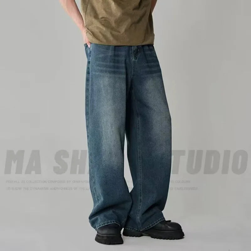Men Washed Contrast Wide Leg Denim Jeans