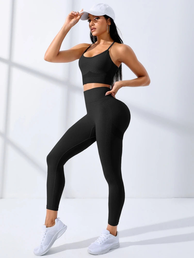 Women Seamless Yoga Bodysuit Set Sports Bra and Leggings Workout Outfit