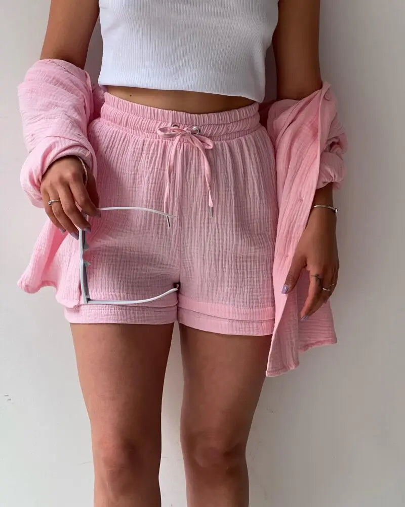 Women Muslin 2 Piece Short Set Button Casual Summer Outfit