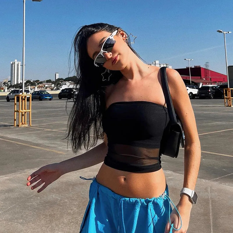 Women Mesh Crop Top Strapless Off Shoulder Fitted Tank