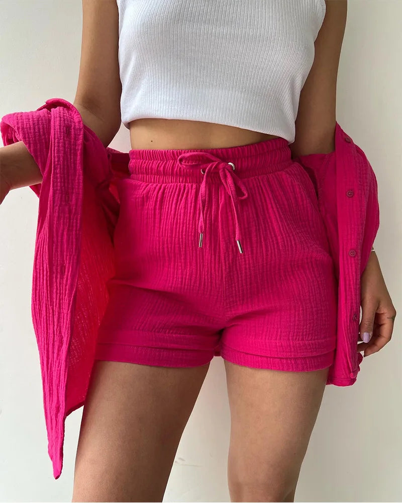 Women Muslin 2 Piece Short Set Button Casual Summer Outfit