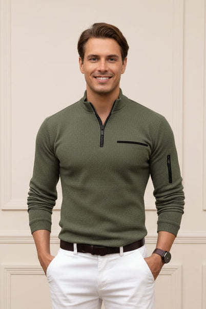 Men Retro Striped Zipper Sleeve T-shirt