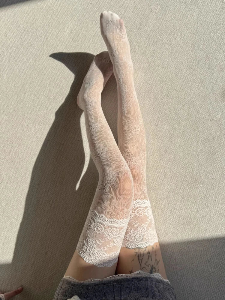 Lace Trim Fishnet Thigh High Stockings for Women