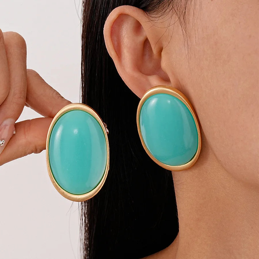 Women Vintage Red Resin Geometric Oval Stud Earrings