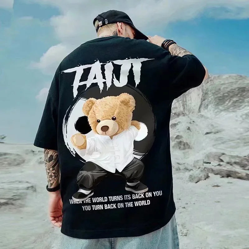 Men Oversized Kung Fu Bear Graphic T Shirt