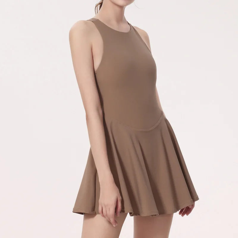 Women Summer Tennis Dress Solid Color Backless Dress