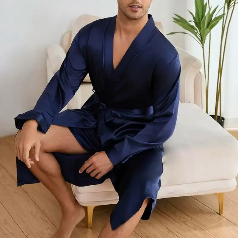Men Satin Leopard Bathrobe Set Kimono Sleepwear Loungewear