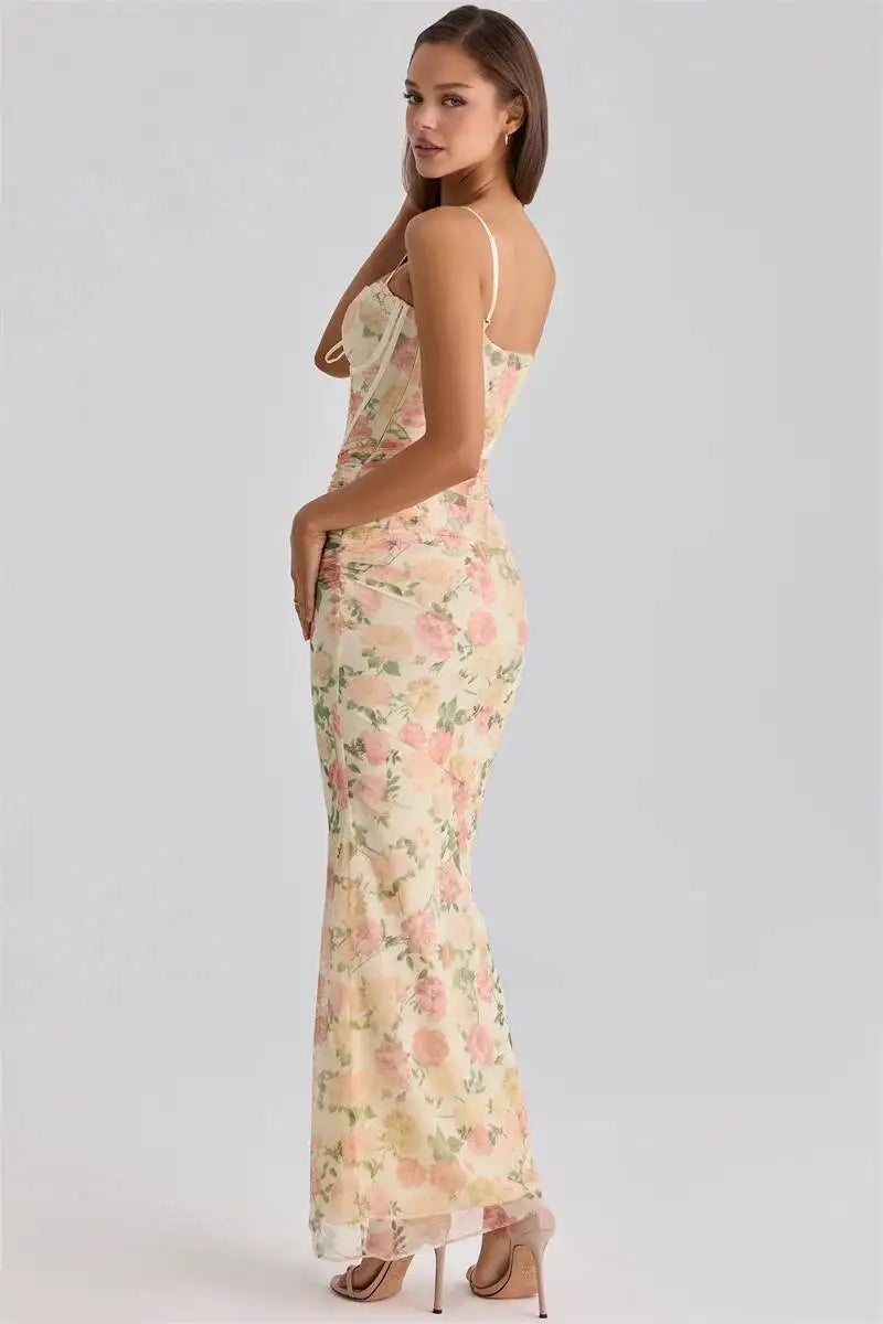Women Floral Print Backless Maxi Bodycon Dress
