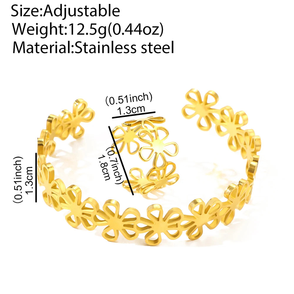 Women Stainless Steel Flower Bracelet Ring Set Retro Jewelry