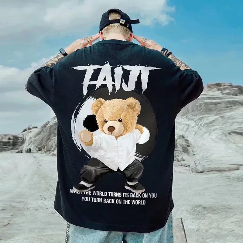 Men Oversized Kung Fu Bear Graphic T Shirt