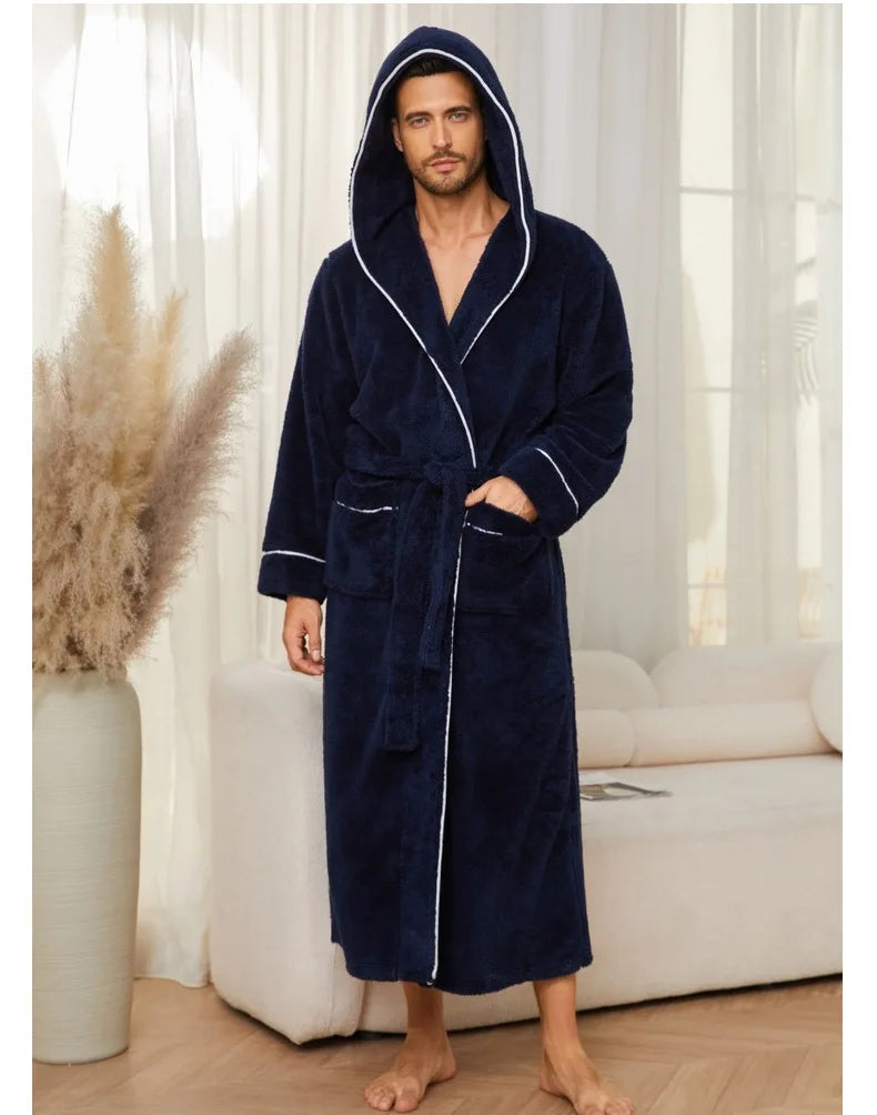 Men Cotton Flannel Bathrobe Warm Sleepwear Nightwear