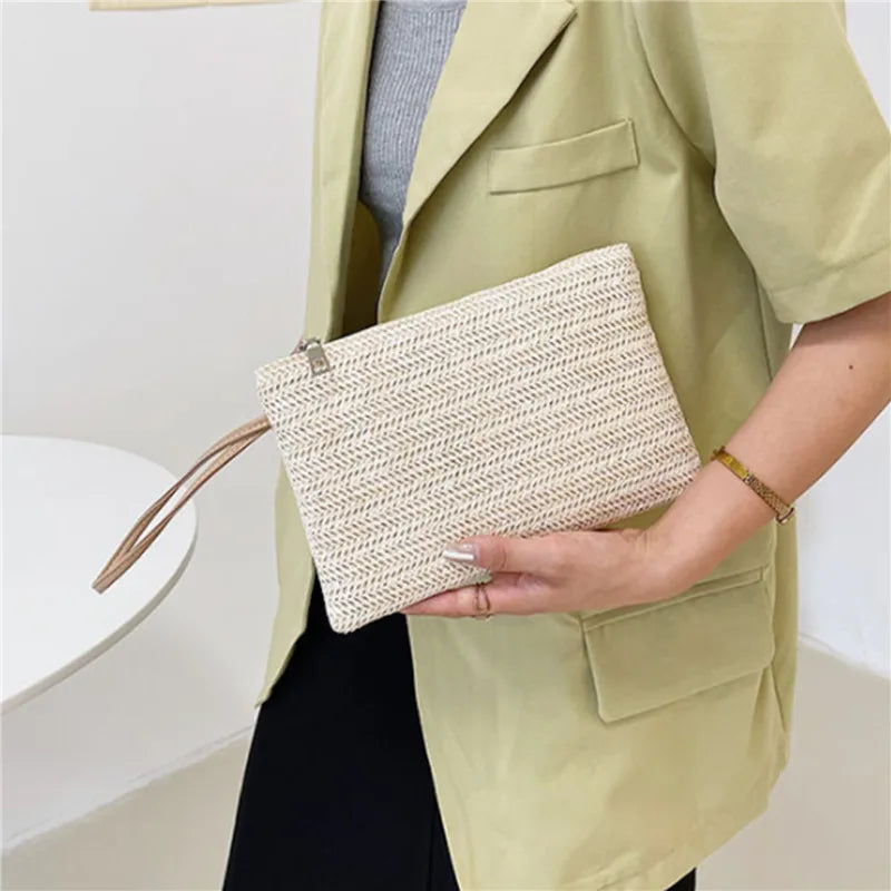 Handmade Straw Woven Clutch Wristlet Bag for Women
