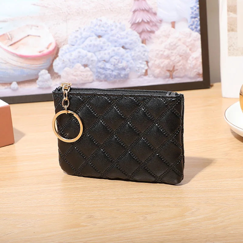 Mini Plaid Leather Zipper Coin Purse Wallet with Keychain for Women