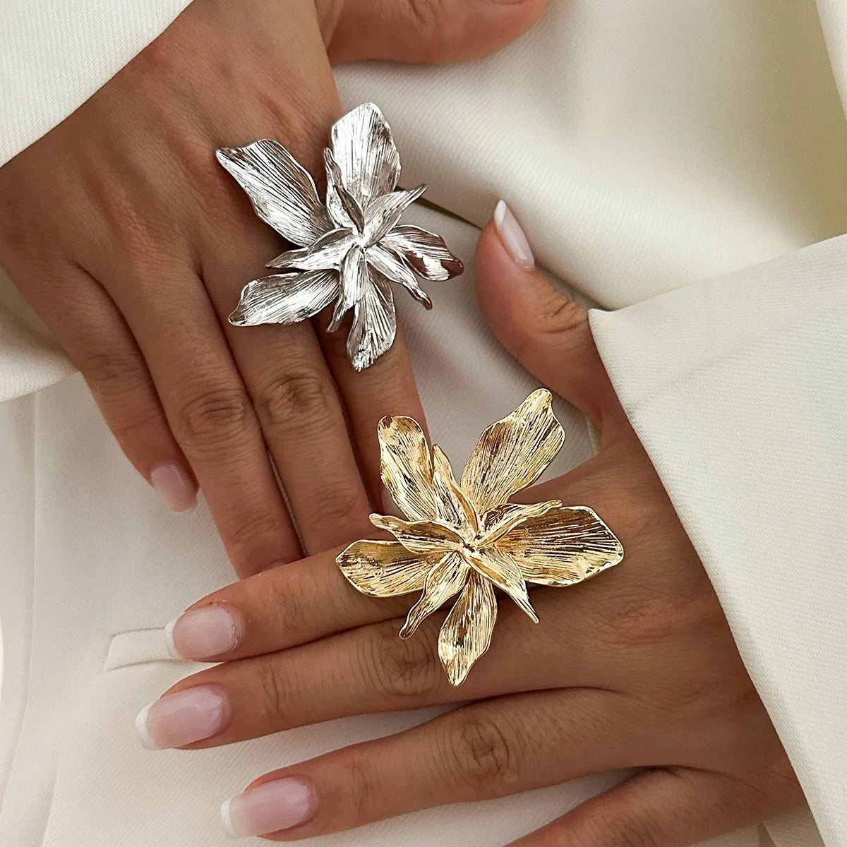 Women Double Layer Flower Adjustable Statement Ring Jewelry