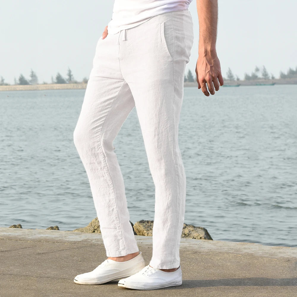 Men Cotton Linen Breathable Straight Trousers Casual