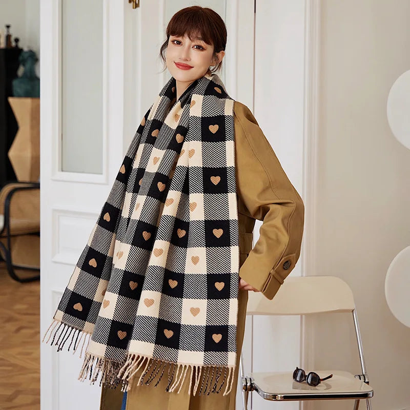 Women Plaid Heart Shaped Thick Winter Shawl Scarf