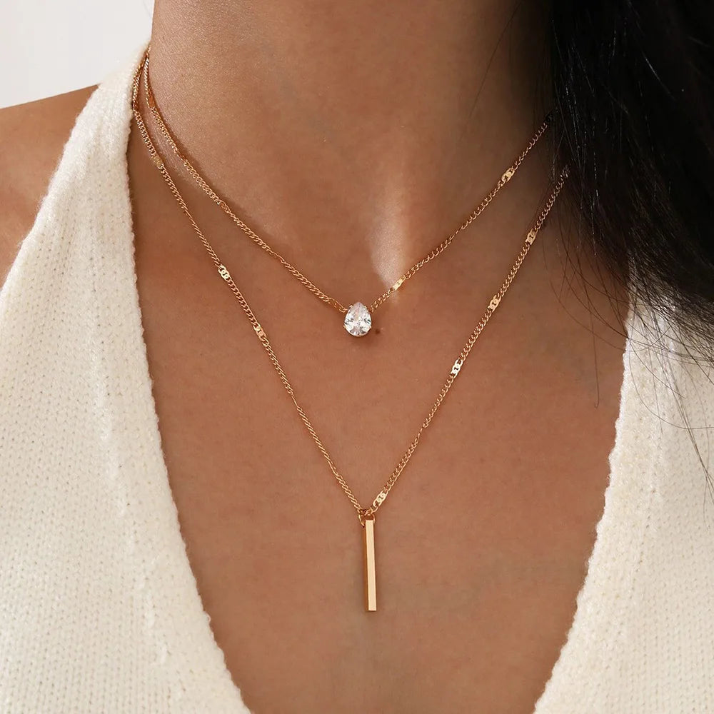 Women Multilayer Zircon Pendant Chain Choker Necklace