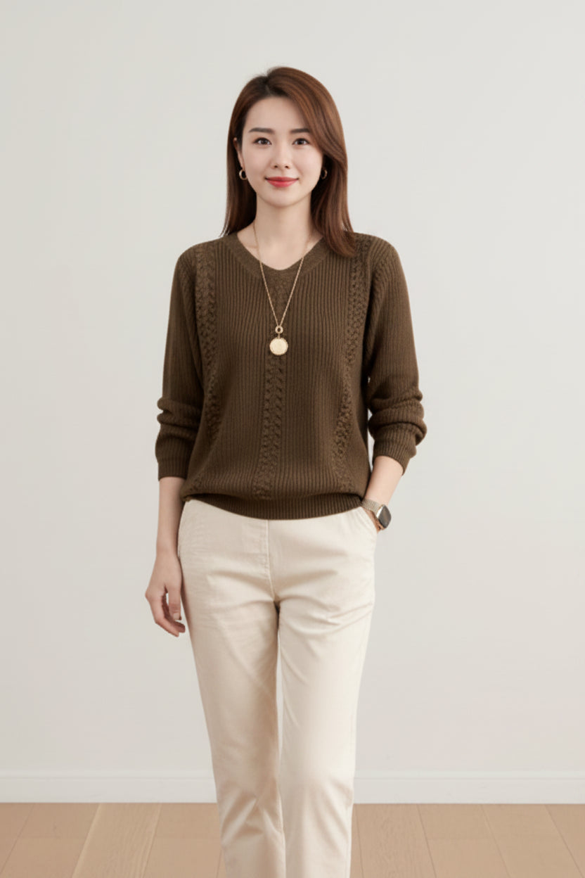 V Neck Solid Color Knit Sweater for Women