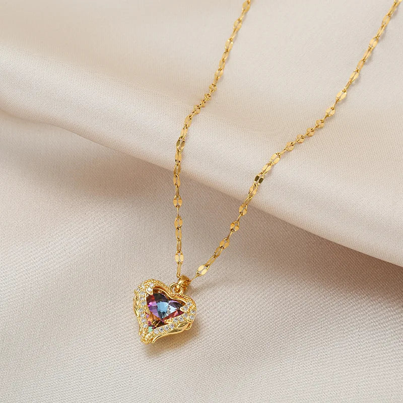 Women Crystal Ocean Heart Pendant Stainless Steel Necklace