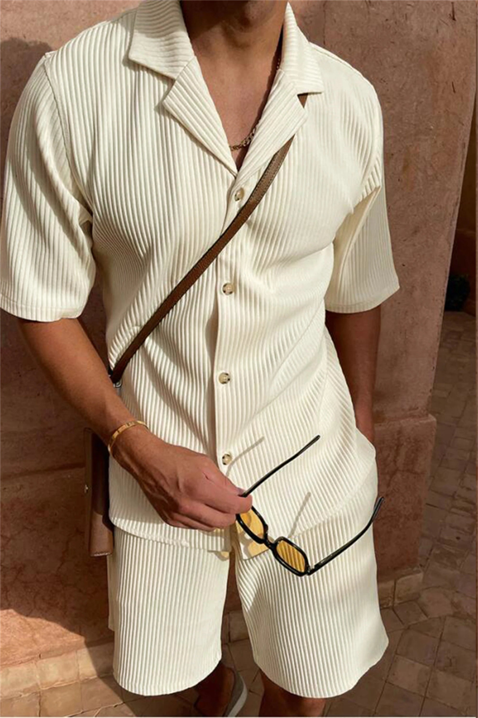 Men Corduroy Shirt and Shorts Casual Beach Set