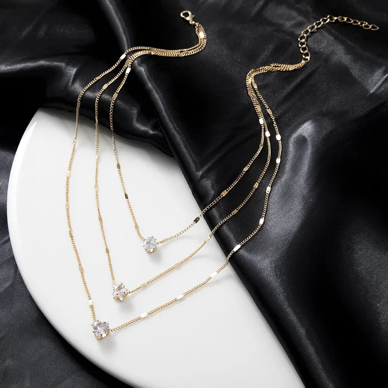 Women Multilayer Zircon Pendant Chain Choker Necklace