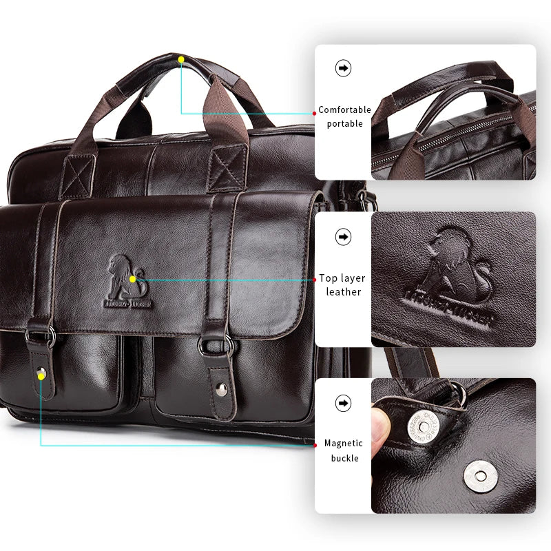 Genuine Leather Double Pocket Briefcase Laptop Crossbody Bag for Men