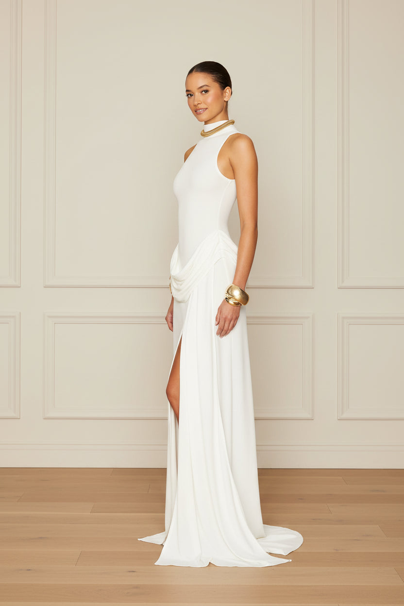 Women Turtleneck Off Shoulder Slit Maxi Dress