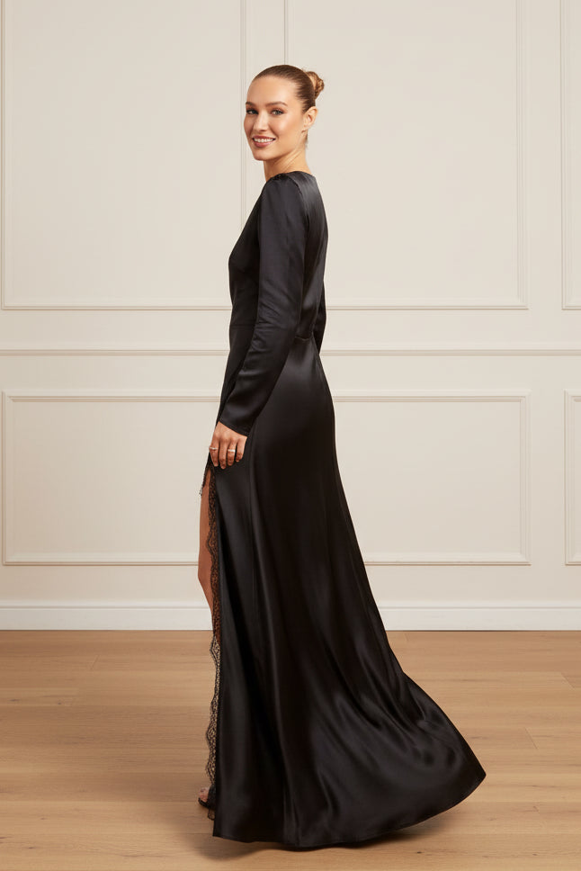 Women Black Satin Long Sleeve Slit Maxi Dress