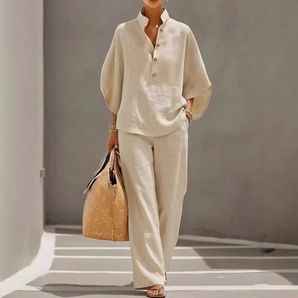 Women Cotton Linen 2 Piece Set Office Suit