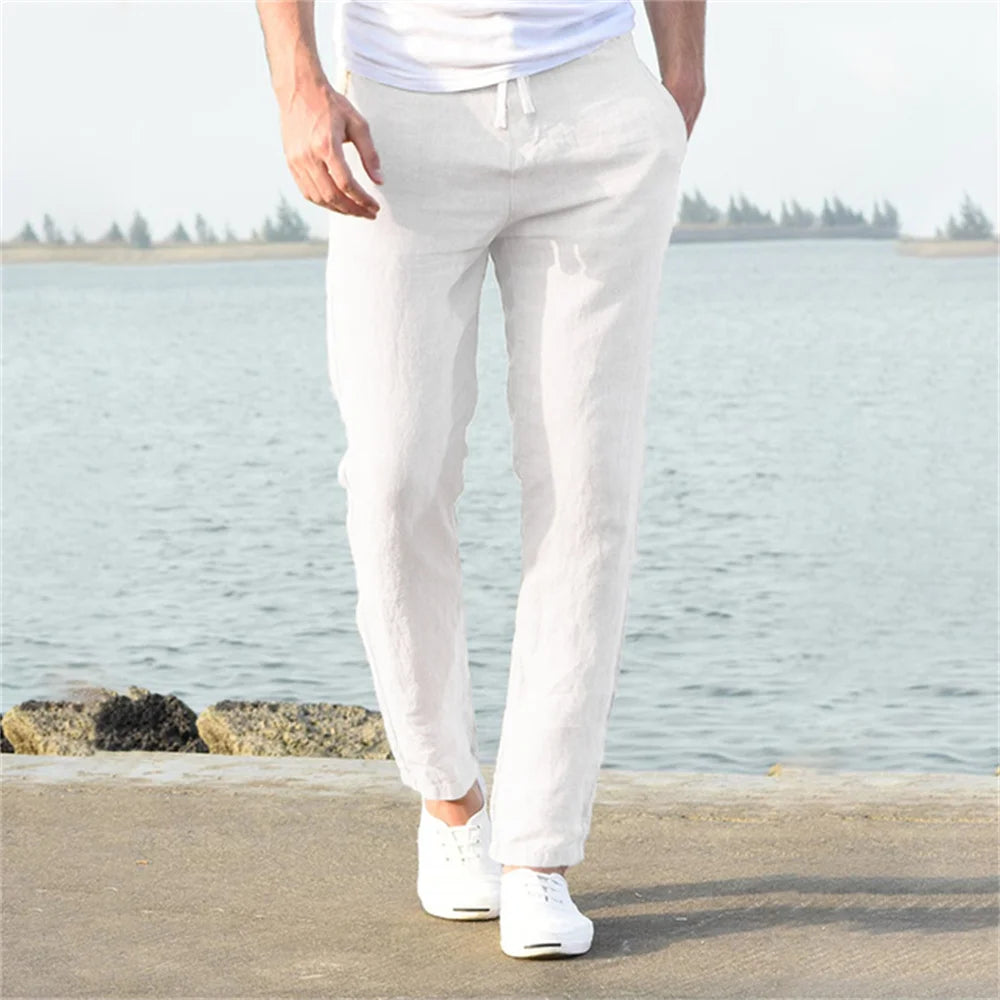 Men Cotton Linen Breathable Straight Trousers Casual