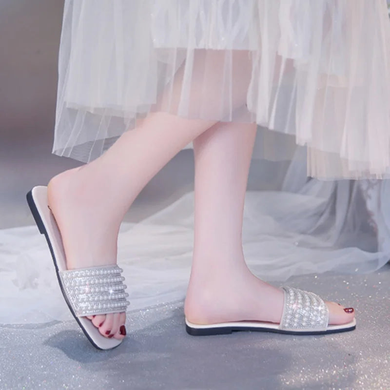 Women Square Toe Leather Flat Sandals