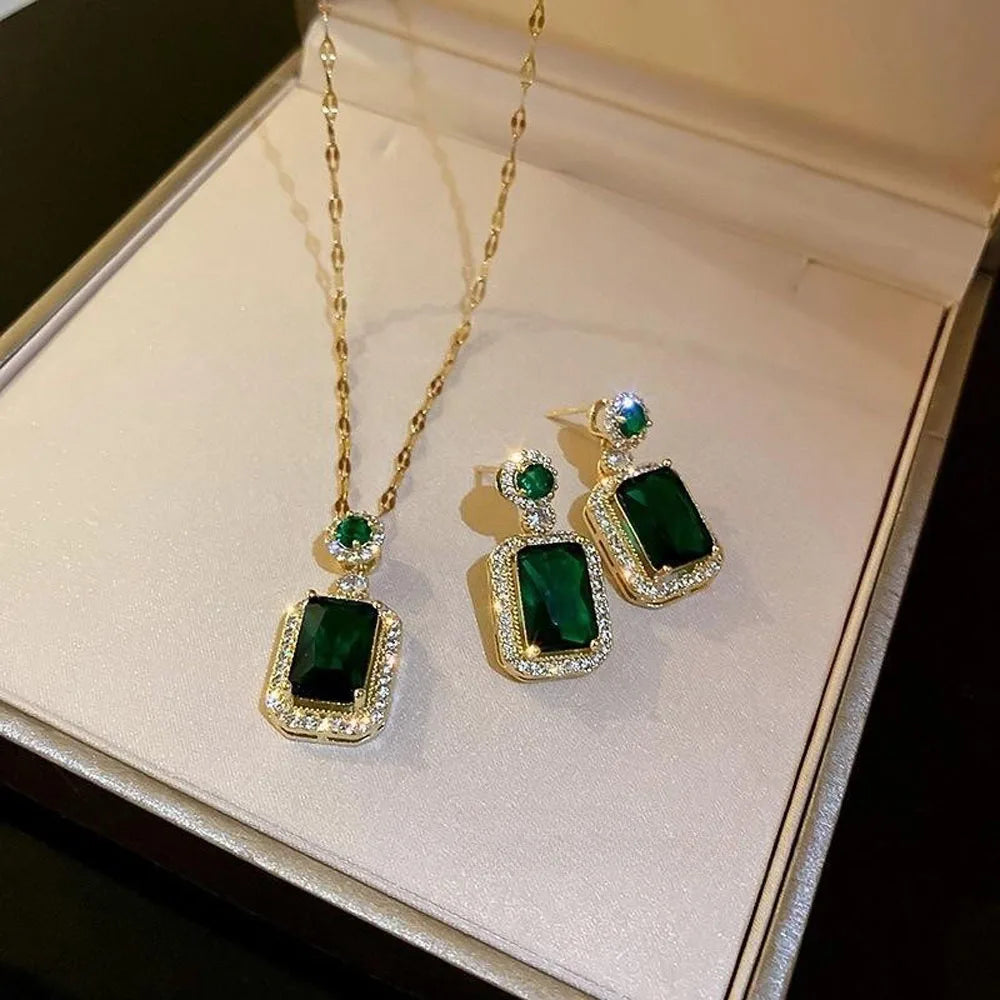 Women Rhinestone Quadrate Necklace Earrings Ring Jewelry Set