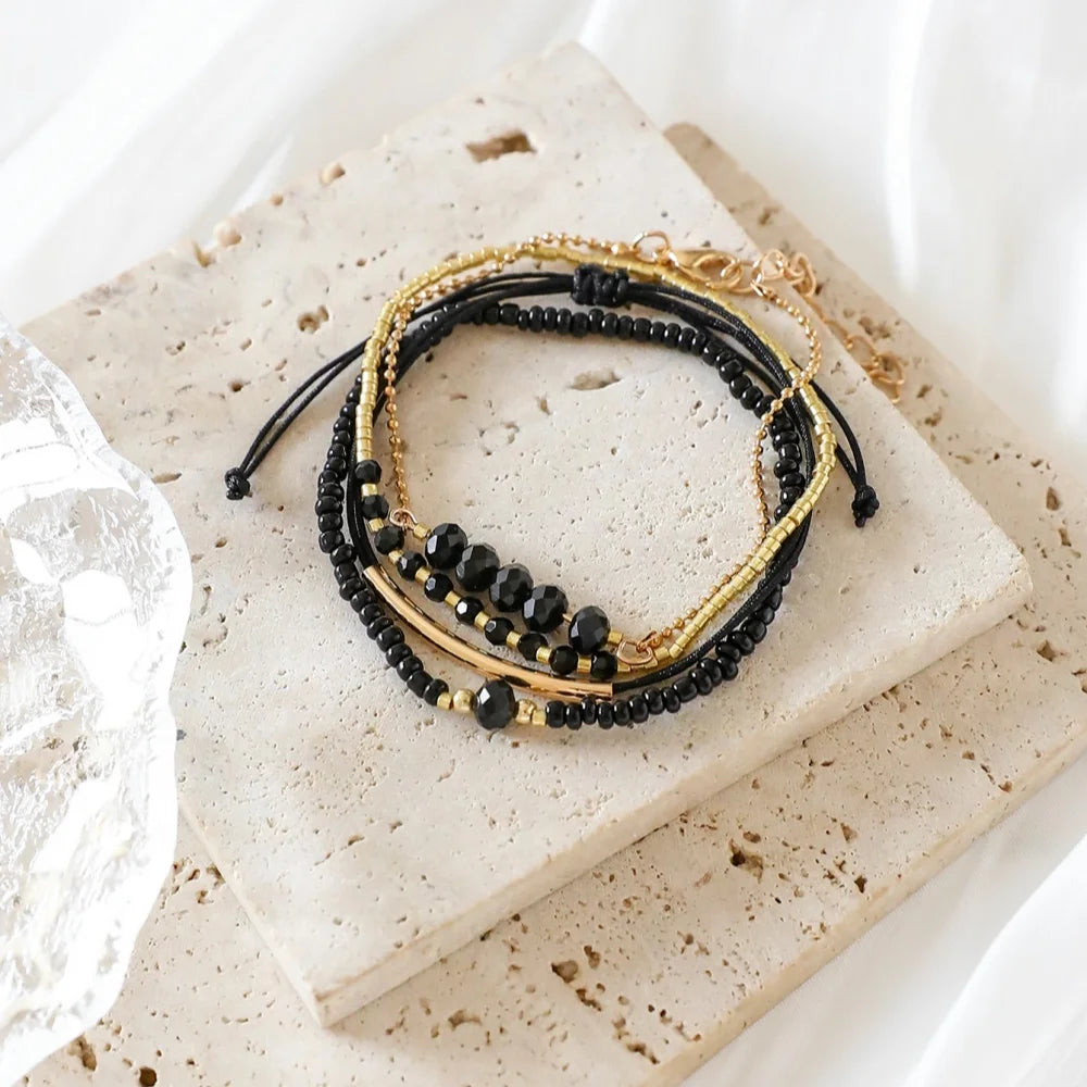 Women Black Glass Stone Boho Handmade Bracelet Set Jewelry