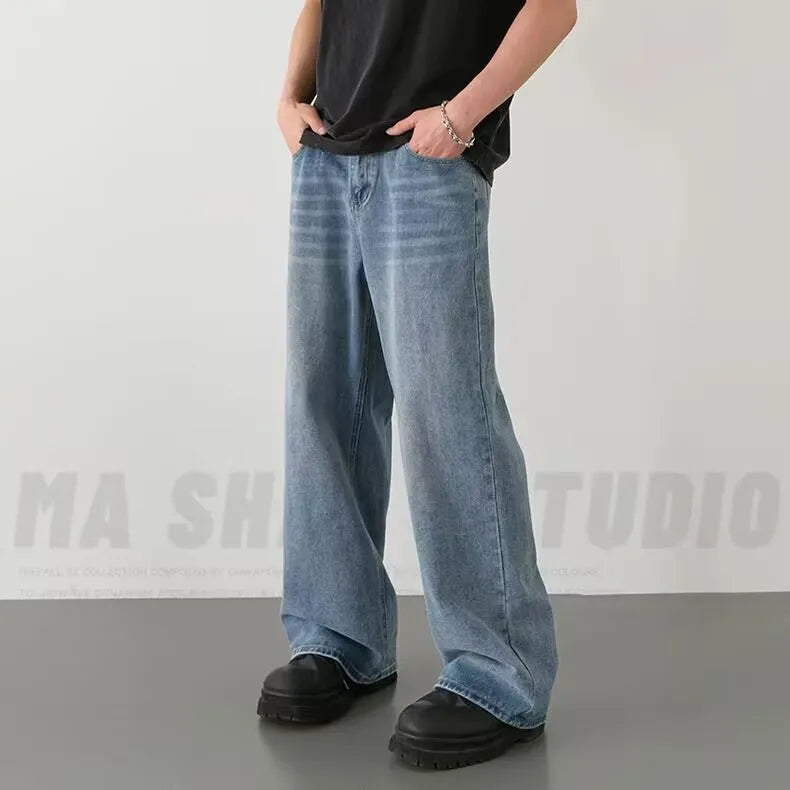 Men Washed Contrast Wide Leg Denim Jeans
