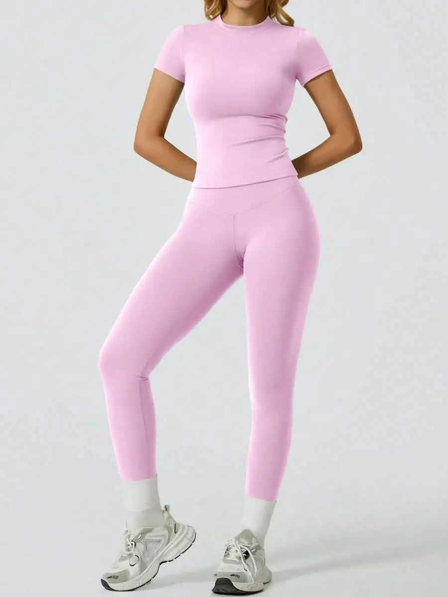 Women 2 Piece Yoga Set Short Sleeve Top and High Waist Leggings Fitness Outfit