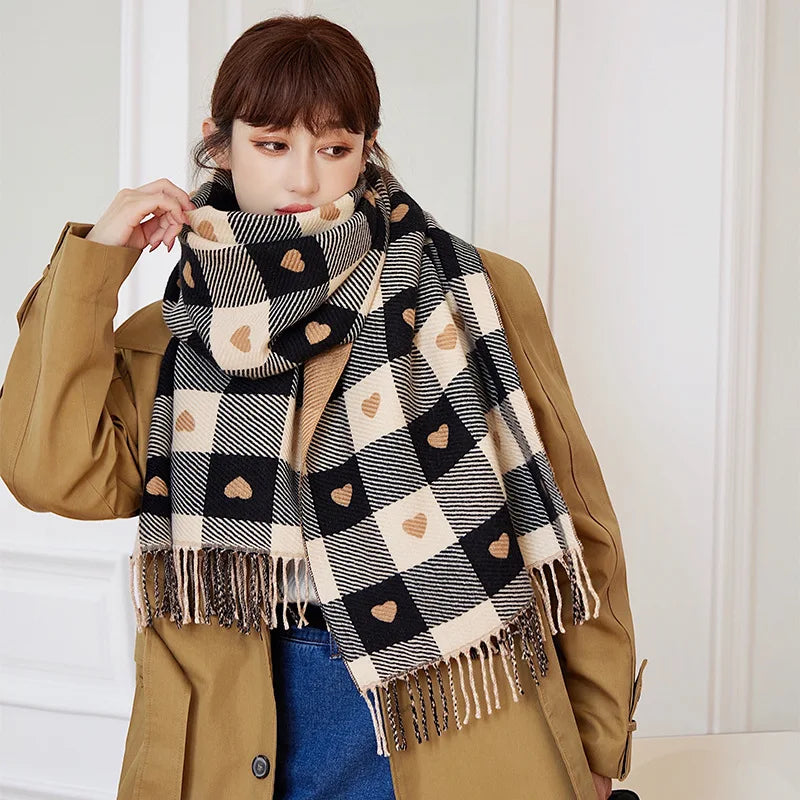 Women Plaid Heart Shaped Thick Winter Shawl Scarf
