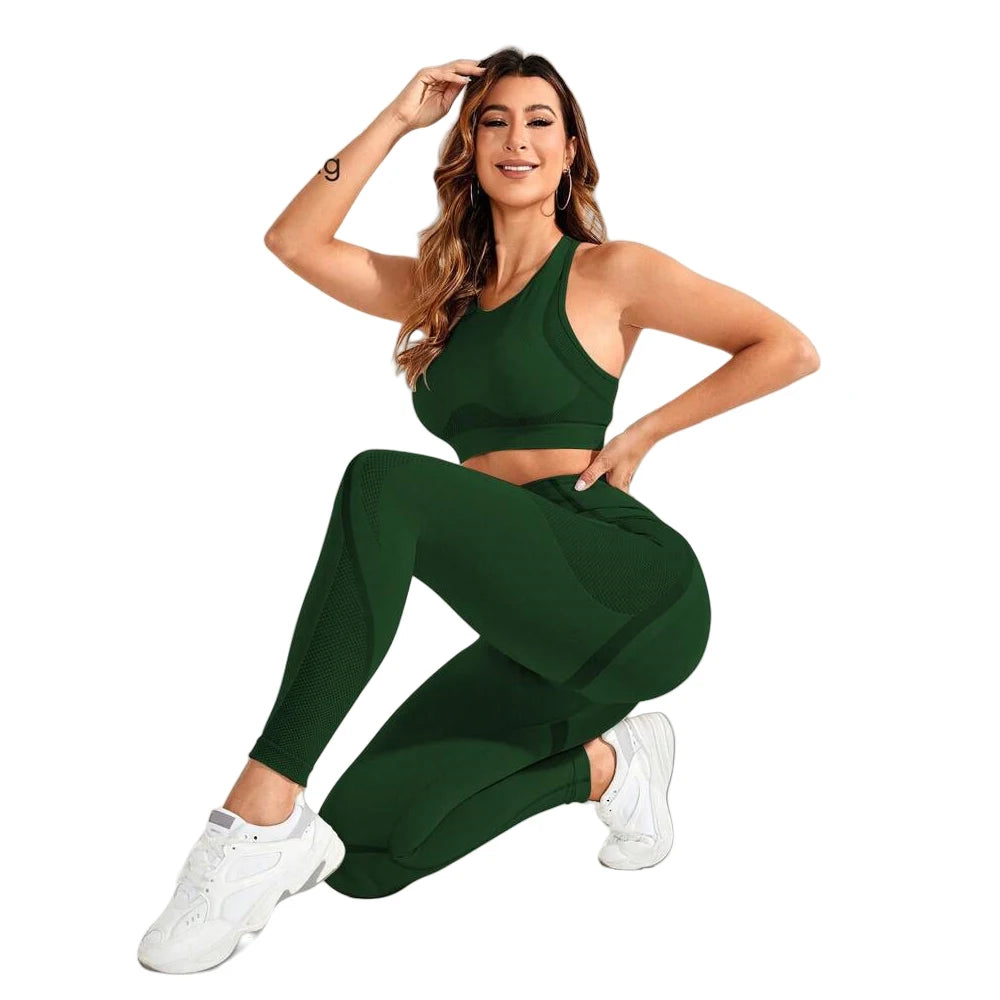 Women Seamless Yoga Bodysuit Set Sports Bra and High Waist Leggings