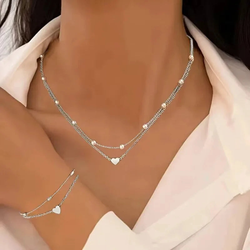 Women Pearl Heart Necklace Bracelet Jewelry Set