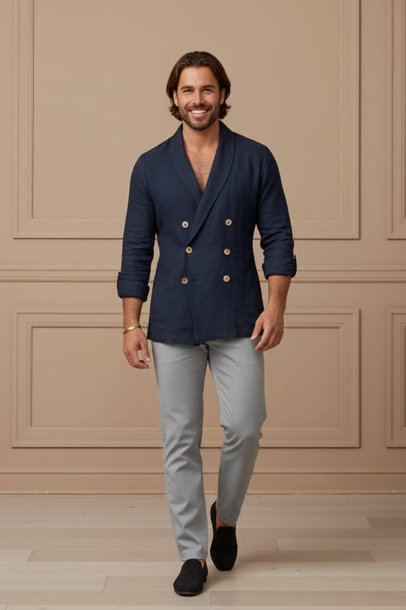 Men Slim Fit Double Breasted V Neck Coat