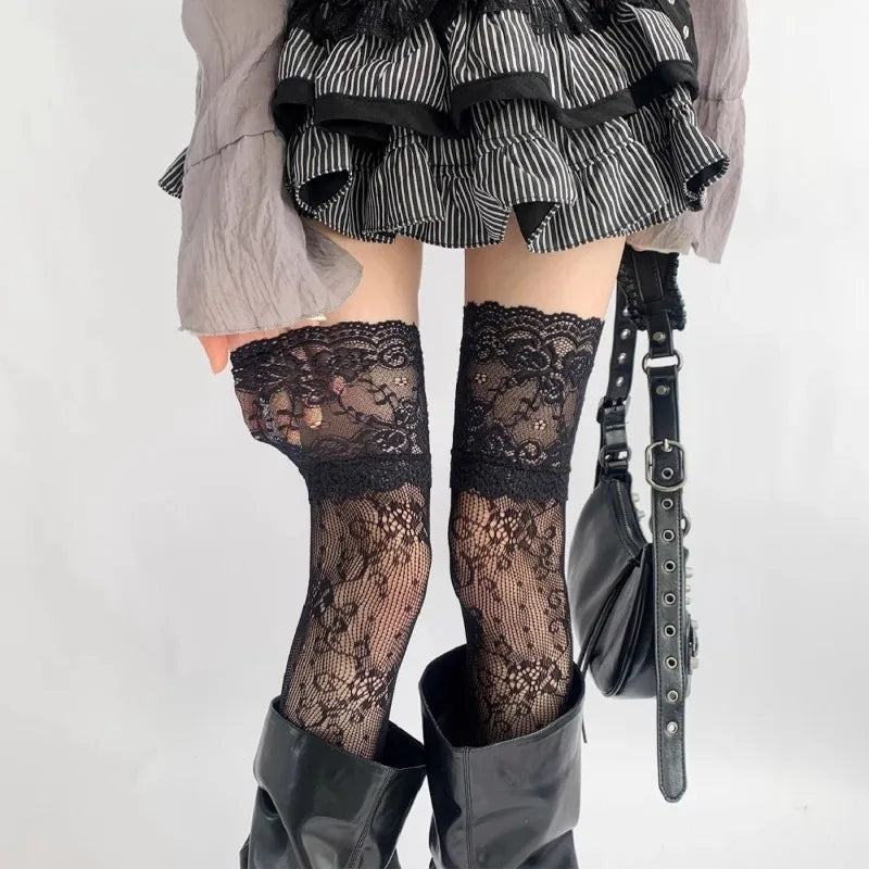 Lace Floral Fishnet Thigh High Stockings for Women