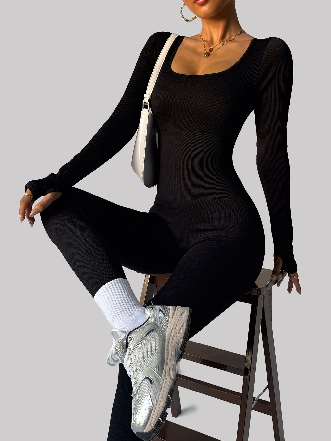 Women Black Long Sleeve Yoga Jumpsuit One Piece Bodysuit