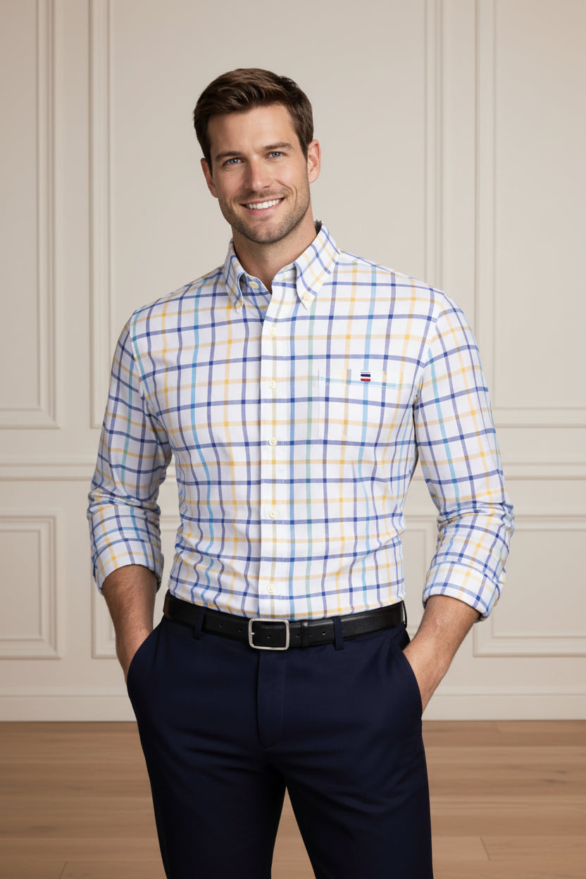 Men Cotton Oxford Plaid Long Sleeve Shirt