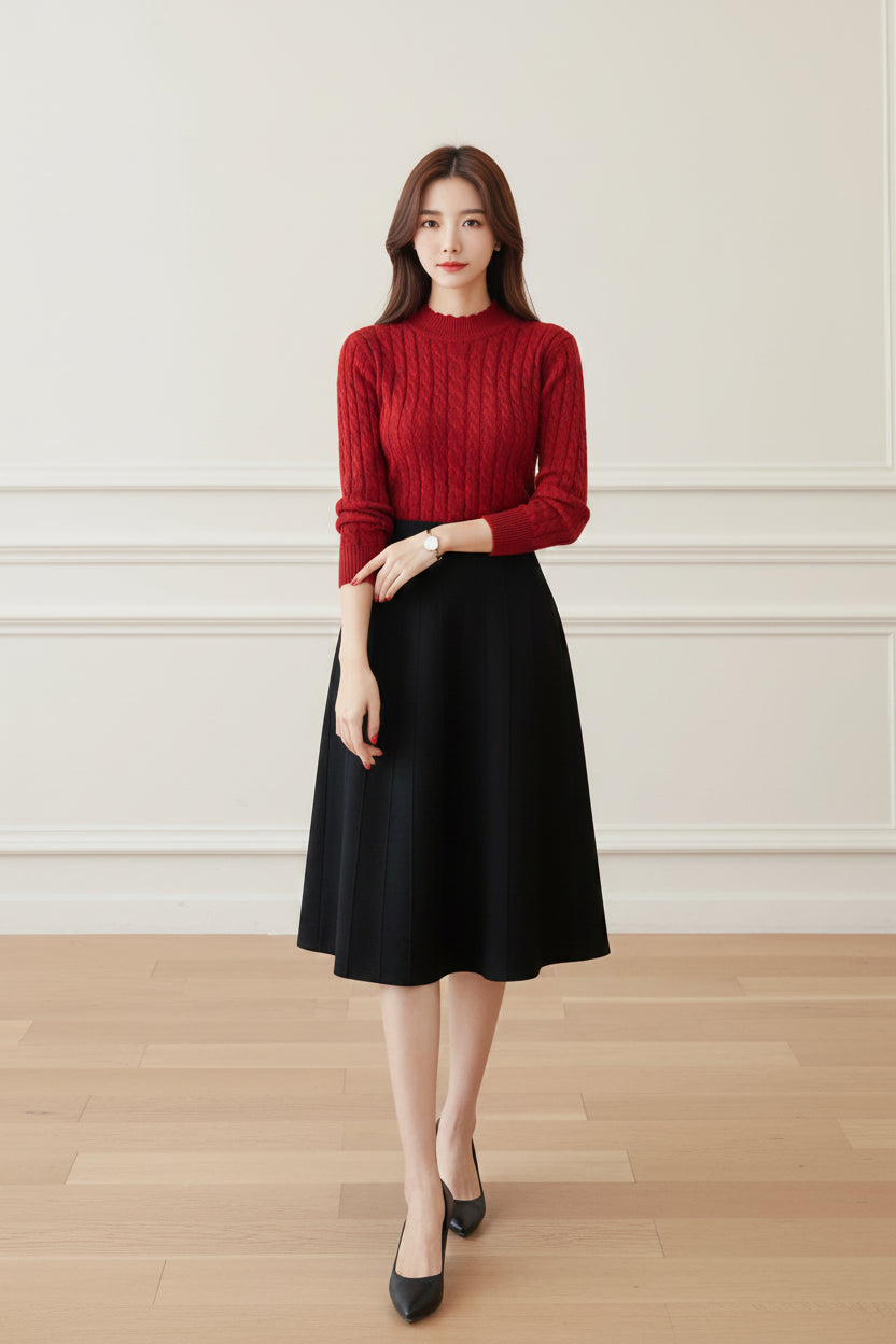 Mock Neck Ruffle Knit Sweater for Women with Stripes