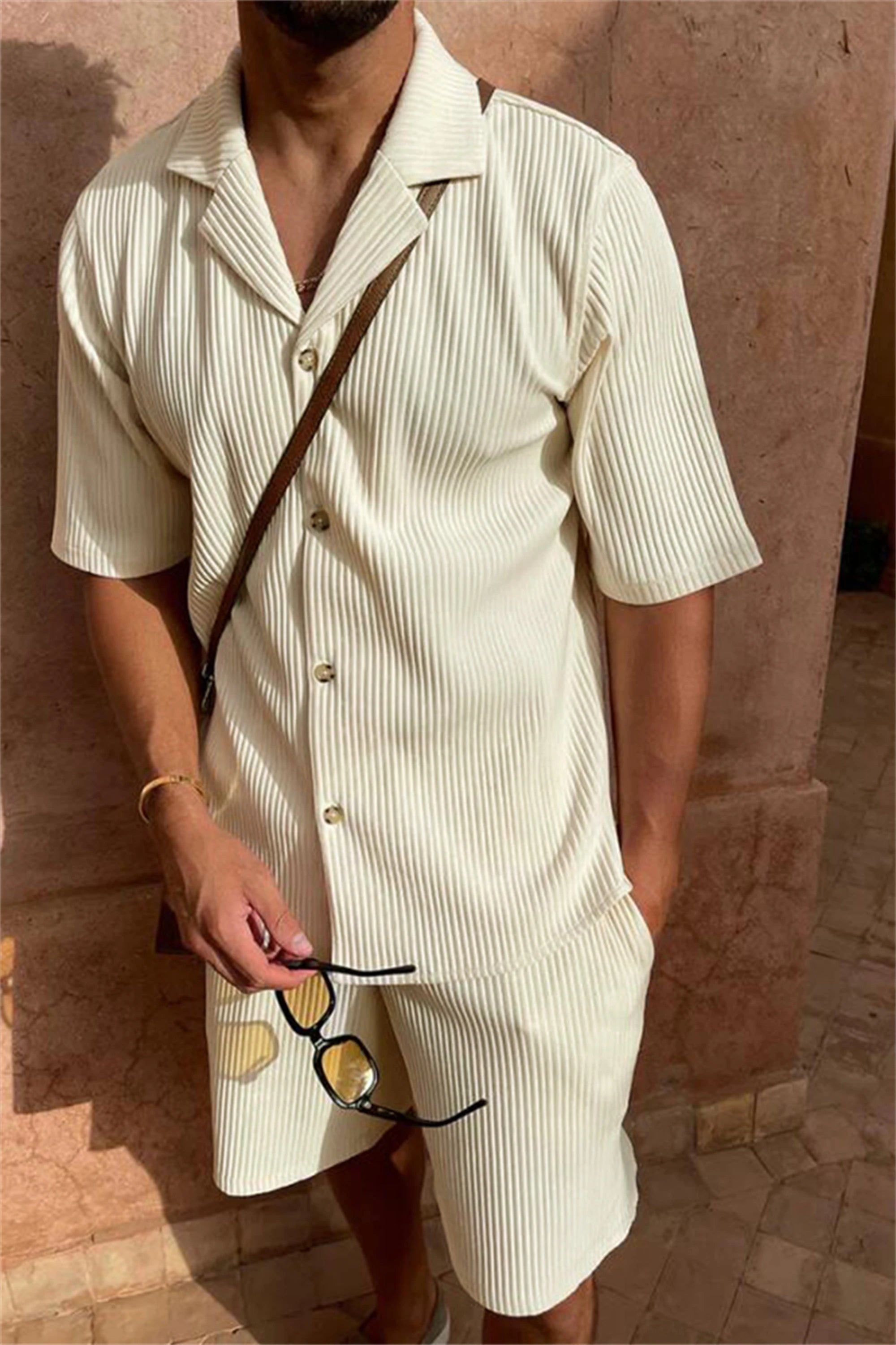 Men Corduroy Shirt and Shorts Casual Beach Set
