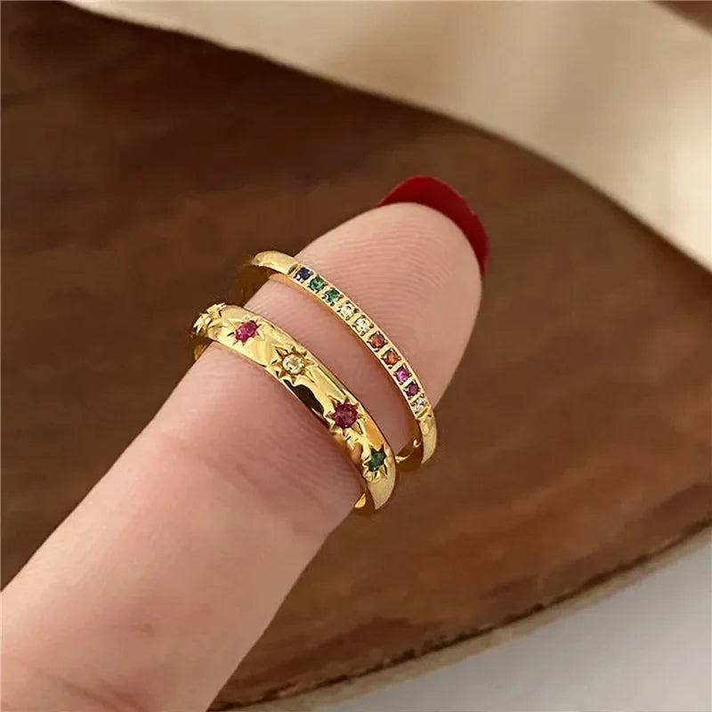 Women Rainbow Zircon Stainless Steel Star Rings Set