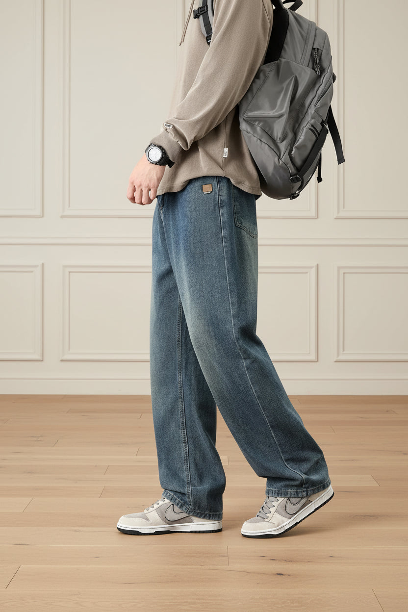 Men Retro Wide Leg Straight Denim Jeans