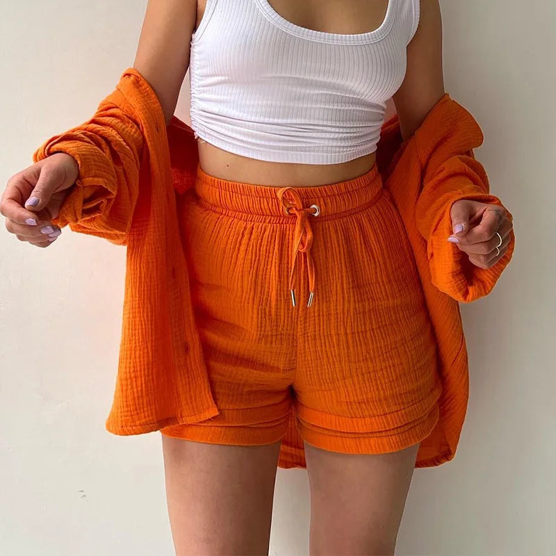 Women Muslin 2 Piece Short Set Button Casual Summer Outfit