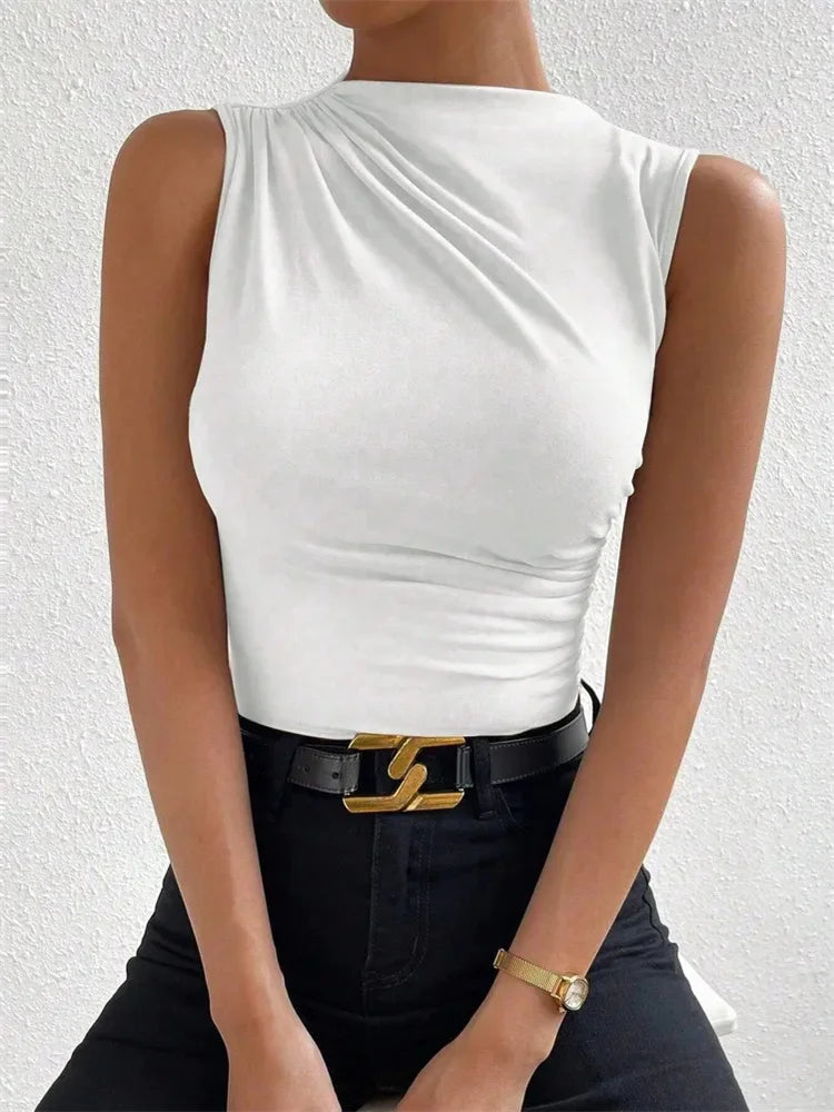 Women Mock Neck Ruched Sleeveless Tank Top