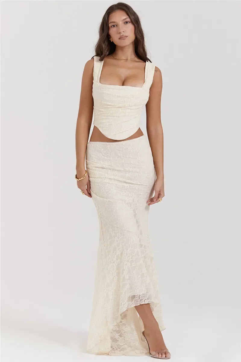 Women Lace Bandage 2 Piece Set Backless High Waist Maxi Skirt Outfit