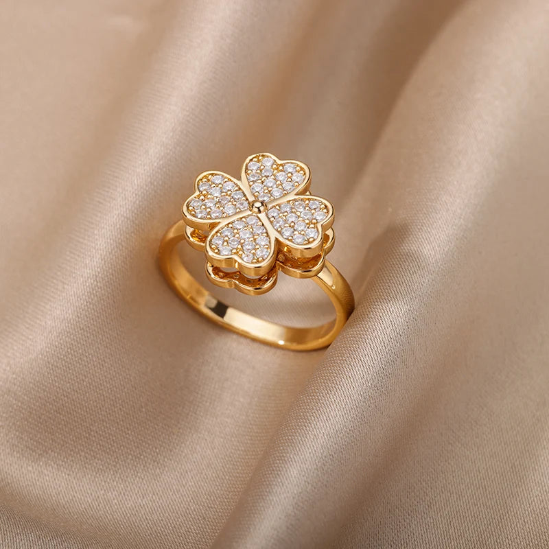 Women Spinner Zircon Clover Heart Fidget Ring Jewelry